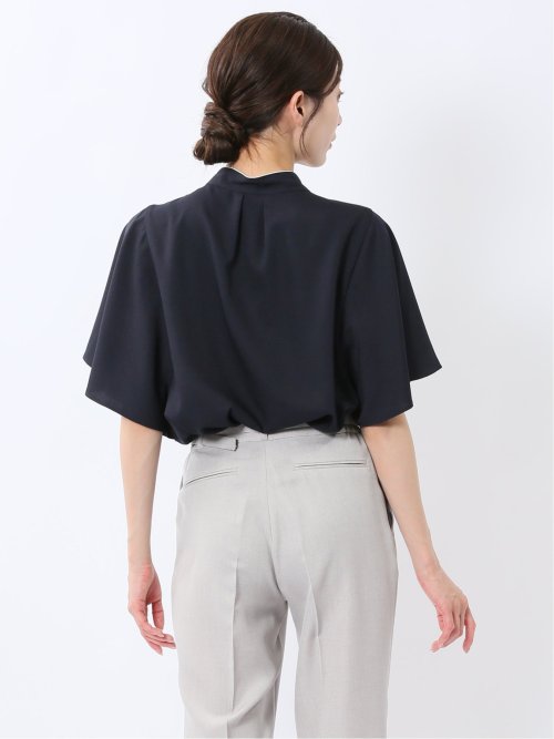 配色ボウタイ 半袖比翼ブラウス