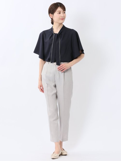 配色ボウタイ 半袖比翼ブラウス