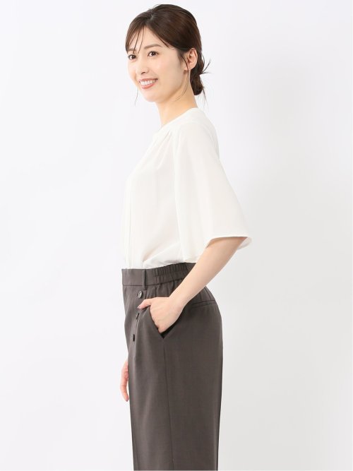 ホック付きクルーネック 半袖プルオーバーブラウス