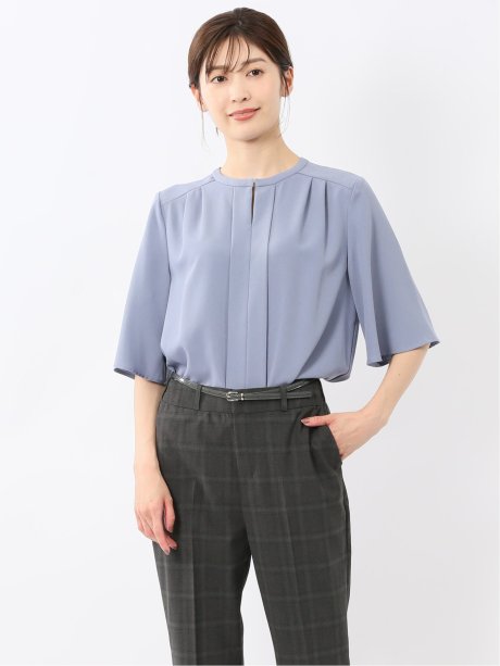 ホック付きクルーネック 半袖プルオーバーブラウス