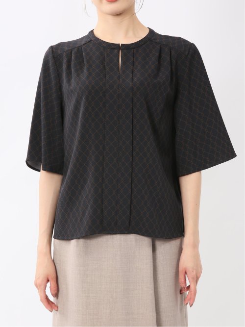 ホック付きクルーネック 半袖プルオーバーブラウス