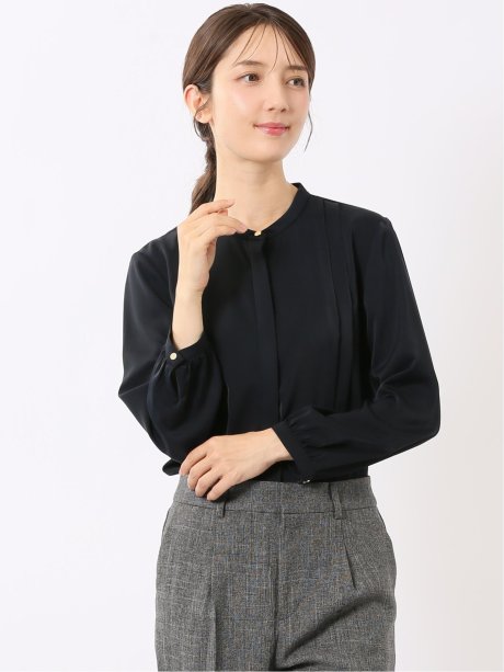ブラウス レディース 長袖 ストレッチ 速乾 UV イージーケア 静電防止 比翼 前開き バンドカラー シャツ