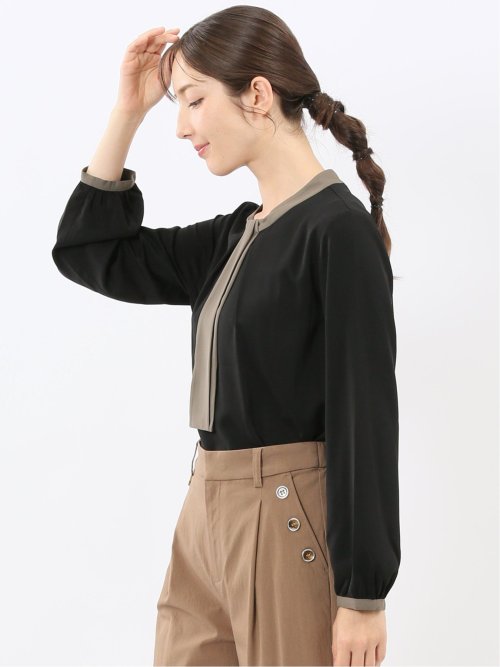 配色ボウタイ 長袖プルオーバーブラウス