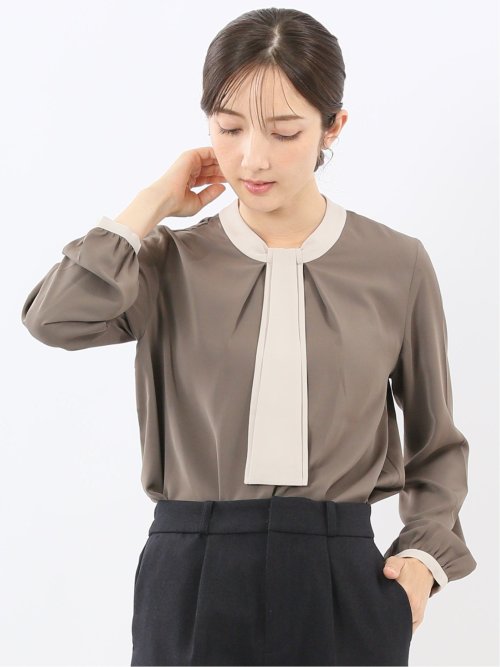 配色ボウタイ 長袖プルオーバーブラウス