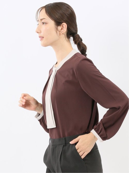 配色ボウタイ 長袖プルオーバーブラウス