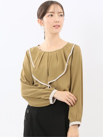 パイピングフリル 長袖プルオーバーブラウス