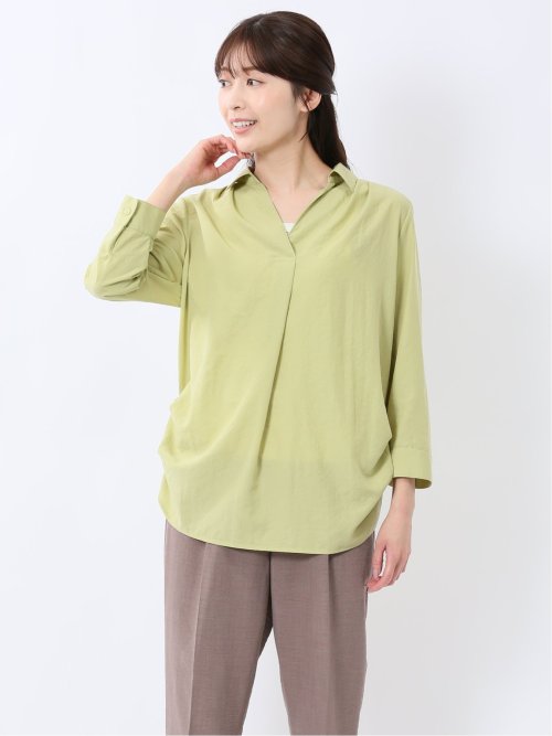 脇タックかぶり スキッパーシャツチュニック(M 62ライトグリーン