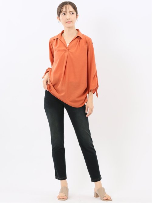 袖リボンかぶり スキッパーシャツチュニック