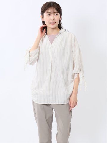 袖リボンかぶり スキッパーシャツチュニック