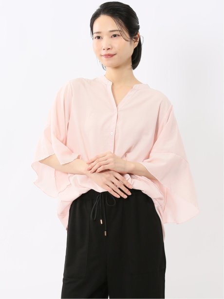 袖フレア前開き マオカラーシャツチュニック