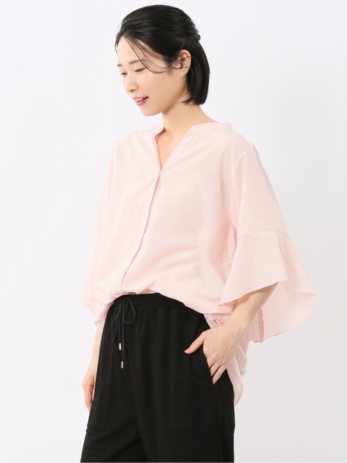 袖フレア前開き マオカラーシャツチュニック