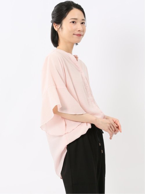 袖フレア前開き マオカラーシャツチュニック