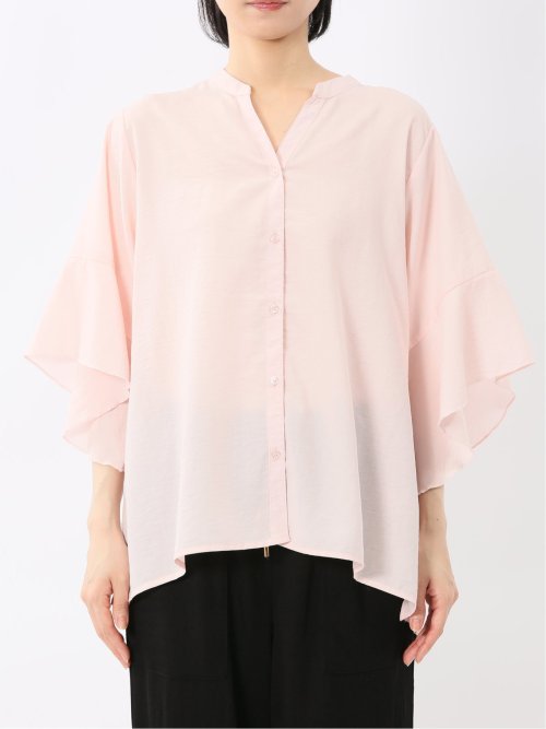 袖フレア前開き マオカラーシャツチュニック