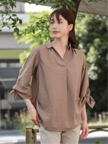 袖リボン脇タック スキッパー シャツチュニック