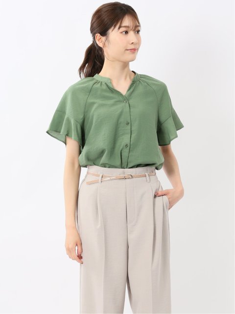 袖フリル前開き バンドカラーシャツ