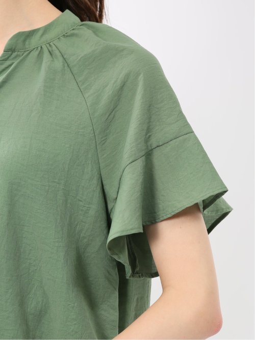 袖フリル前開き バンドカラーシャツ