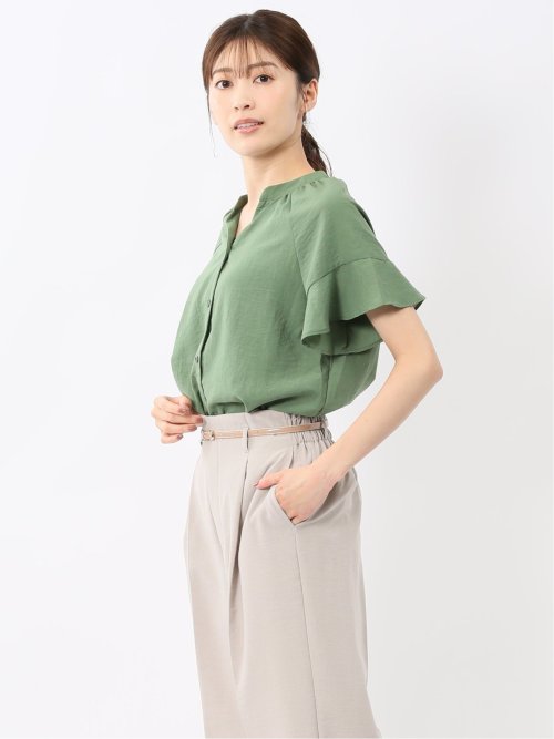 袖フリル前開き バンドカラーシャツ