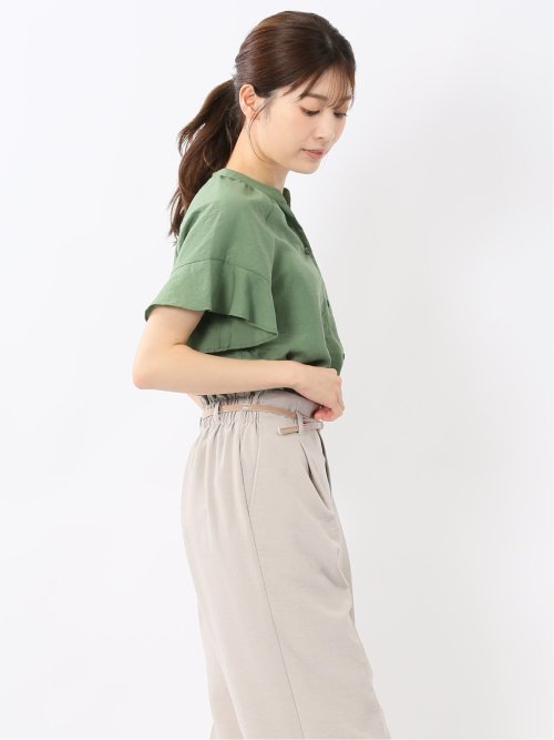 袖フリル前開き バンドカラーシャツ