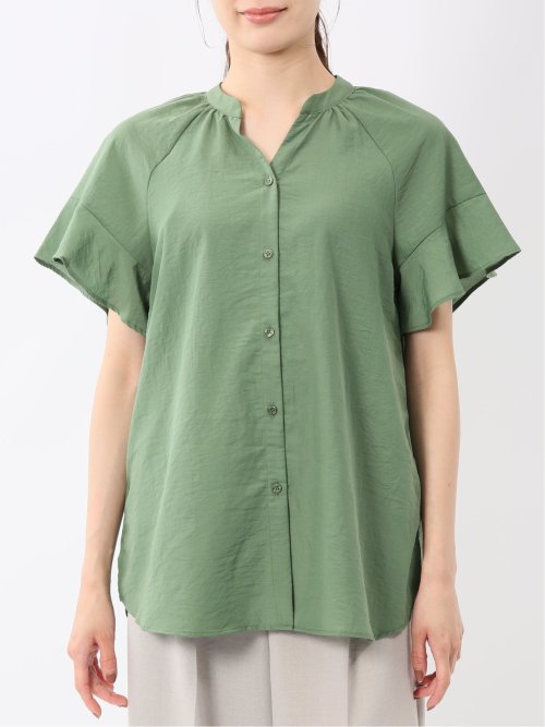 袖フリル前開き バンドカラーシャツ