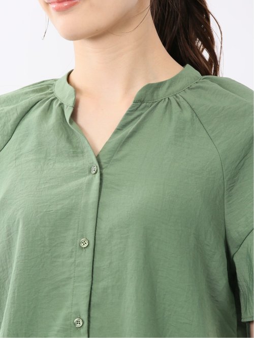 袖フリル前開き バンドカラーシャツ