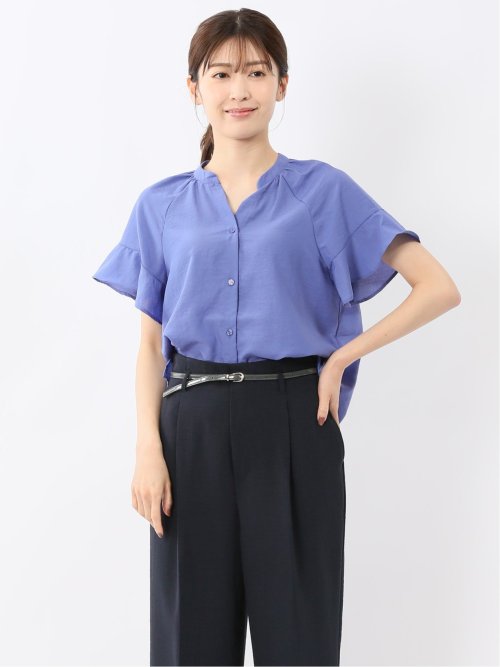 袖フリル前開き バンドカラーシャツ