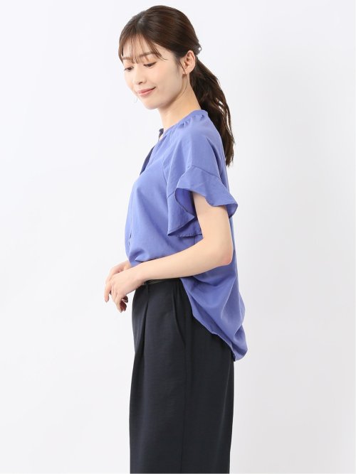 袖フリル前開き バンドカラーシャツ