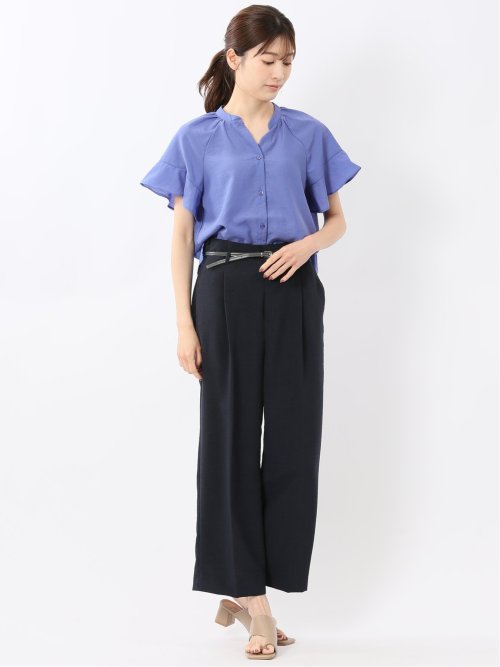 袖フリル前開き バンドカラーシャツ