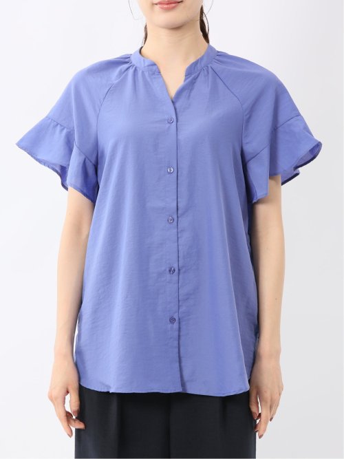 袖フリル前開き バンドカラーシャツ