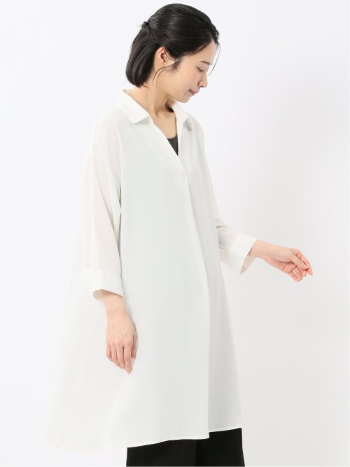 吸水速乾 7分袖 スキッパー シャツワンピース