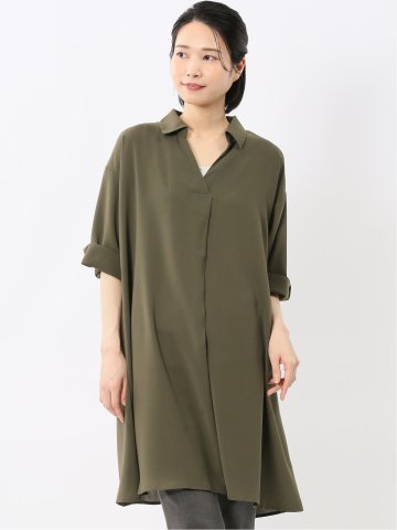 吸水速乾 7分袖 スキッパー シャツワンピース