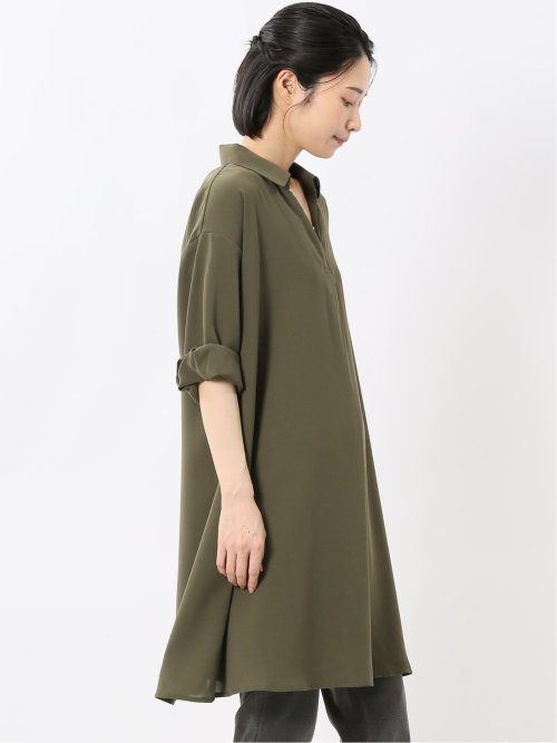 吸水速乾 7分袖 スキッパー シャツワンピース