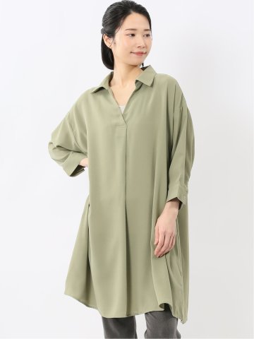 吸水速乾 7分袖 スキッパー シャツワンピース