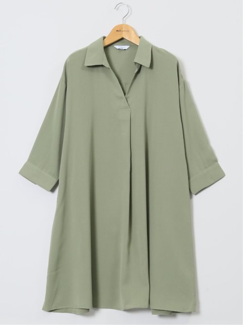 吸水速乾 7分袖 スキッパー シャツワンピース