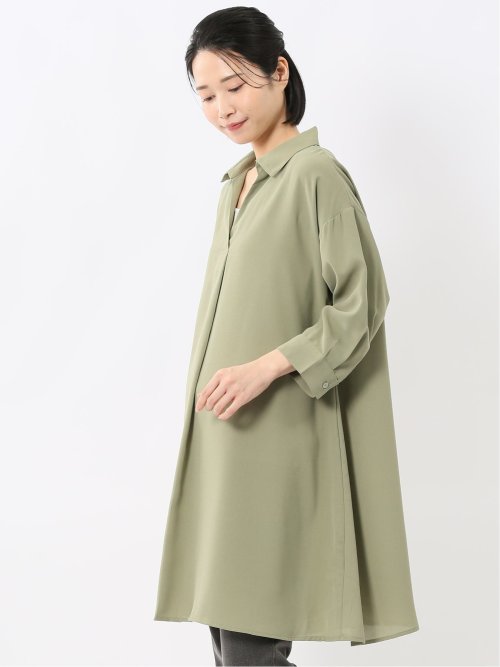 吸水速乾 7分袖 スキッパー シャツワンピース