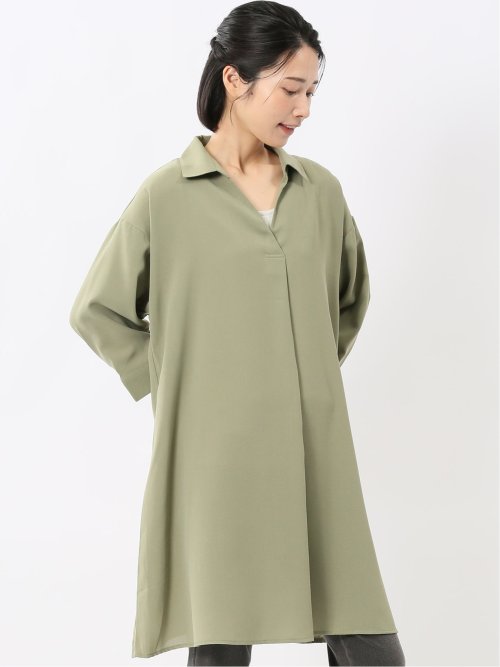 吸水速乾 7分袖 スキッパー シャツワンピース