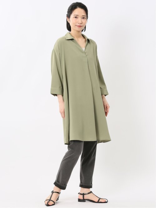 吸水速乾 7分袖 スキッパー シャツワンピース