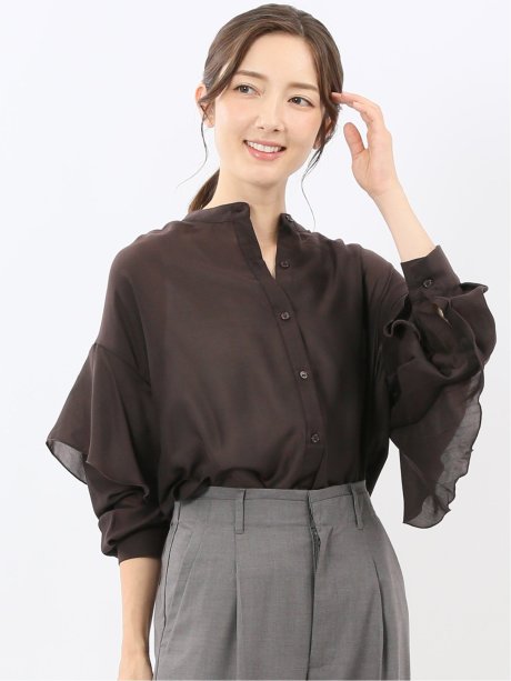 マオカラー 袖フリル ブラウス