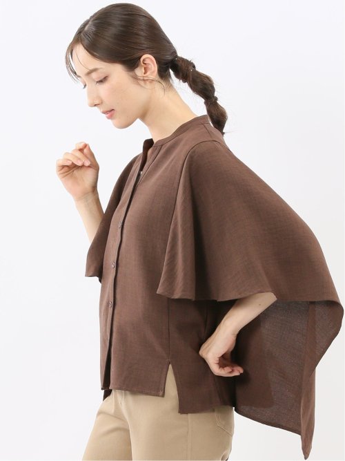 麻調合繊 スキッパー ケープブラウス