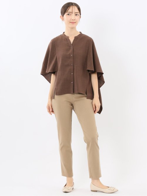 麻調合繊 スキッパー ケープブラウス