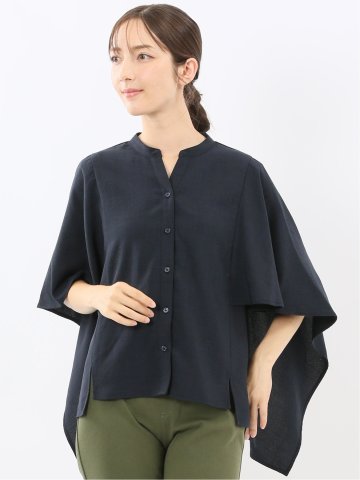 麻調合繊 スキッパー ケープブラウス