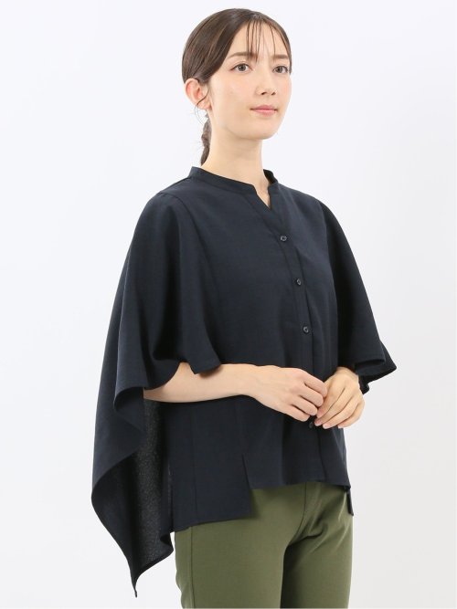 麻調合繊 スキッパー ケープブラウス