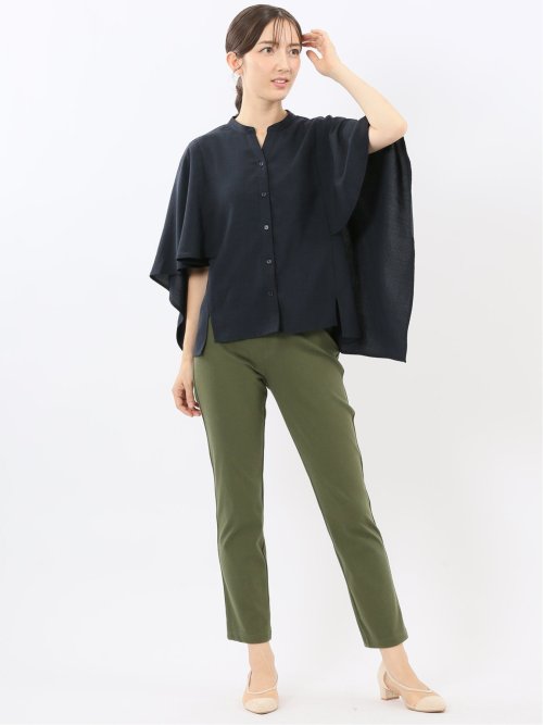 麻調合繊 スキッパー ケープブラウス