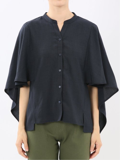 麻調合繊 スキッパー ケープブラウス