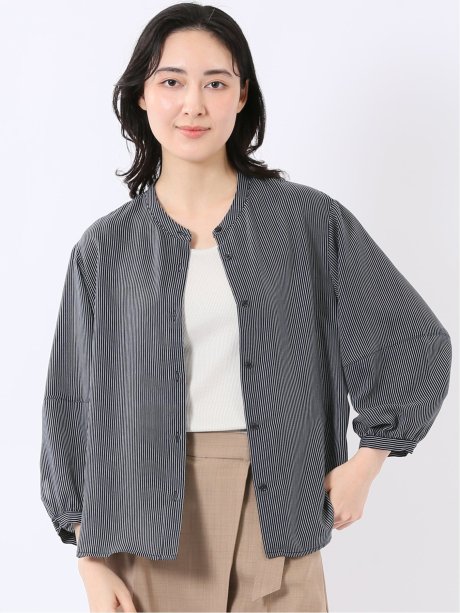 軽量 UVカット 防シワ バンドカラー 7分袖 ブラウス レディース