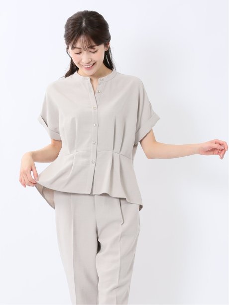 麻調合繊 バンドカラー 半袖ブラウス（セットアップ可能）