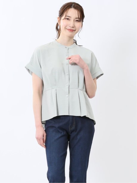 麻調合繊 バンドカラー 半袖ブラウス（セットアップ可能）