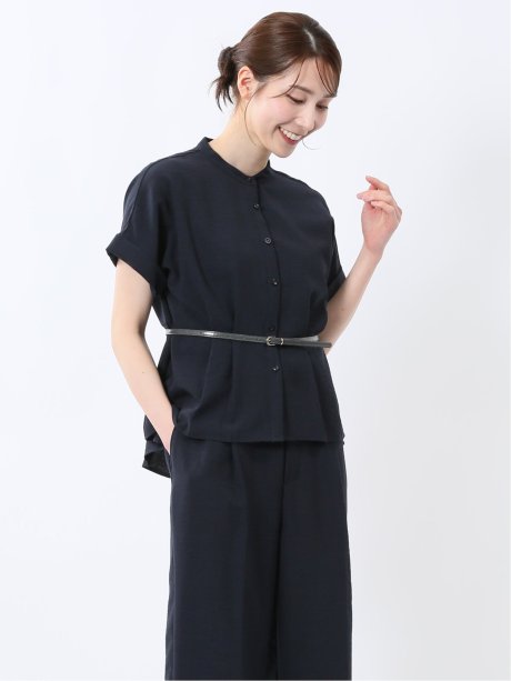 麻調合繊 バンドカラー 半袖ブラウス（セットアップ可能）