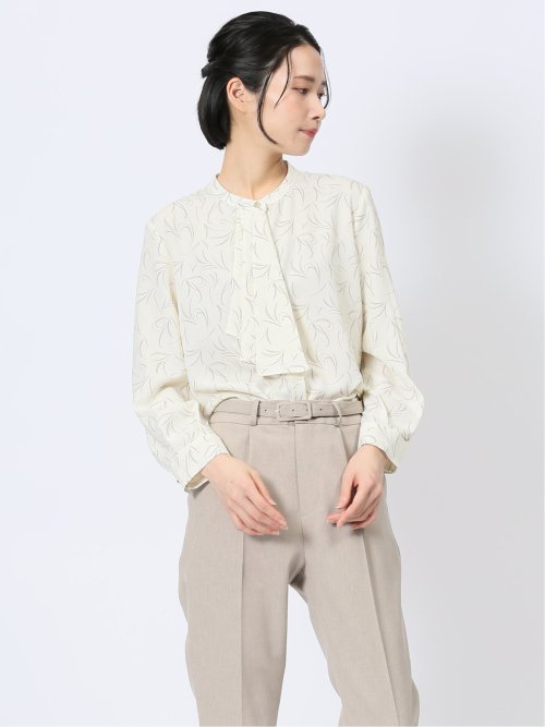 ラッフルフリル バンドカラー 8分袖プルオーバーブラウス