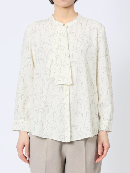 ラッフルフリル バンドカラー 8分袖プルオーバーブラウス