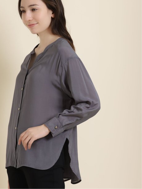 シアーバンドカラー 7分袖シャツチュニック M 04グレー トップス Taka Q Online Shop タカキューオンラインショップ 公式通販